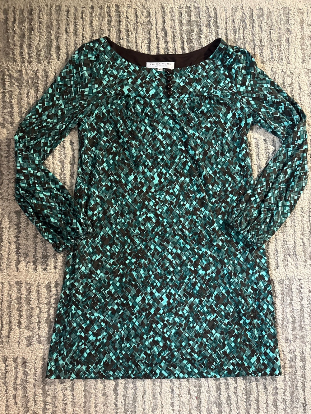 Trina Turk teal green black long sleeve mini dress babydoll size L